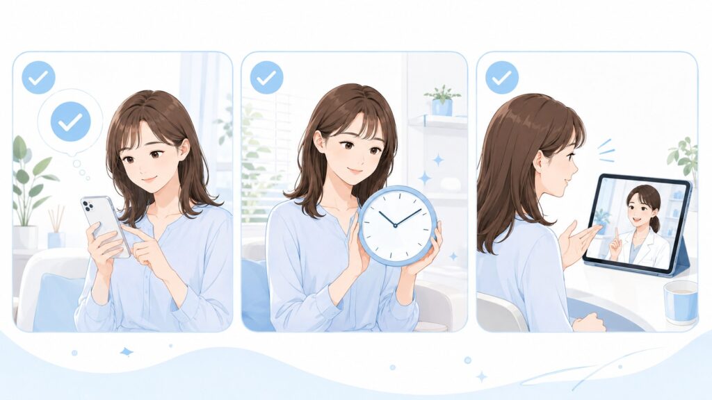 セルフホワイトニング前に歯のしみやすさ、オンライン診療、店舗情報、予約変更をスマホで確認する女性のイラスト