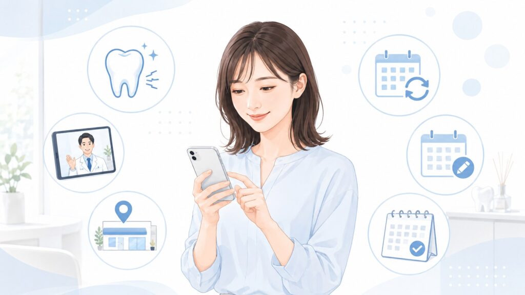 セルフホワイトニング前に歯のしみやすさ、オンライン診療、店舗情報、予約変更をスマホで確認する女性のイラスト