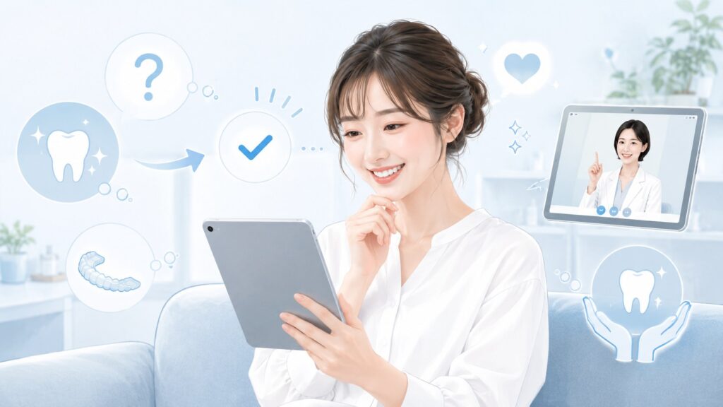 セルフホワイトニングの疑問をタブレットで確認し、オンライン相談で安心している日本人女性のイラスト