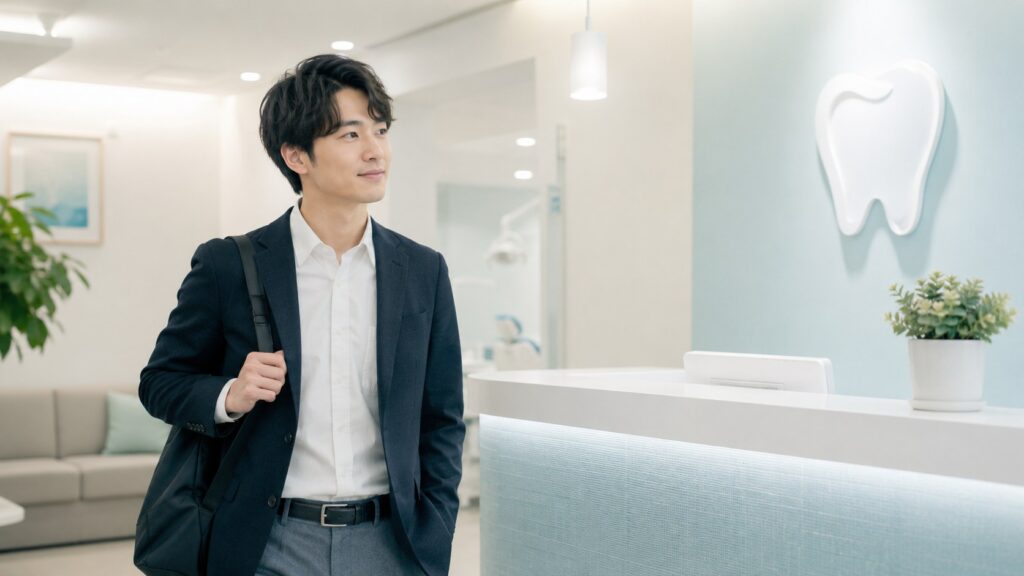 スターホワイトニングを検討する男性が清潔感のある歯科クリニックに来院するイメージ