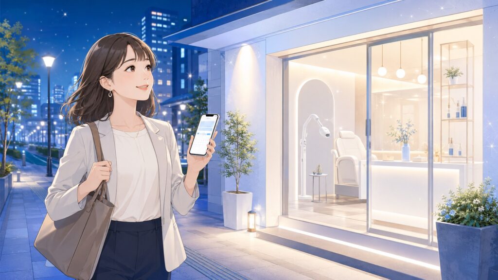仕事帰りにHAKUホワイトニングへ通う人のイメージ