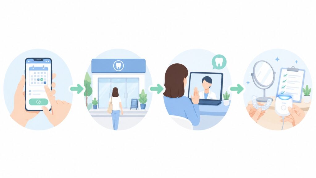 HAKUホワイトニング初回無料体験の予約から入店、カウンセリングまでの流れを示す図解