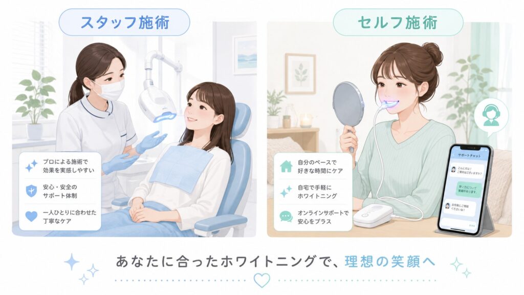スターホワイトニングのスタッフ施術とメディカルホワイトニングHAKUのセルフ施術の違い