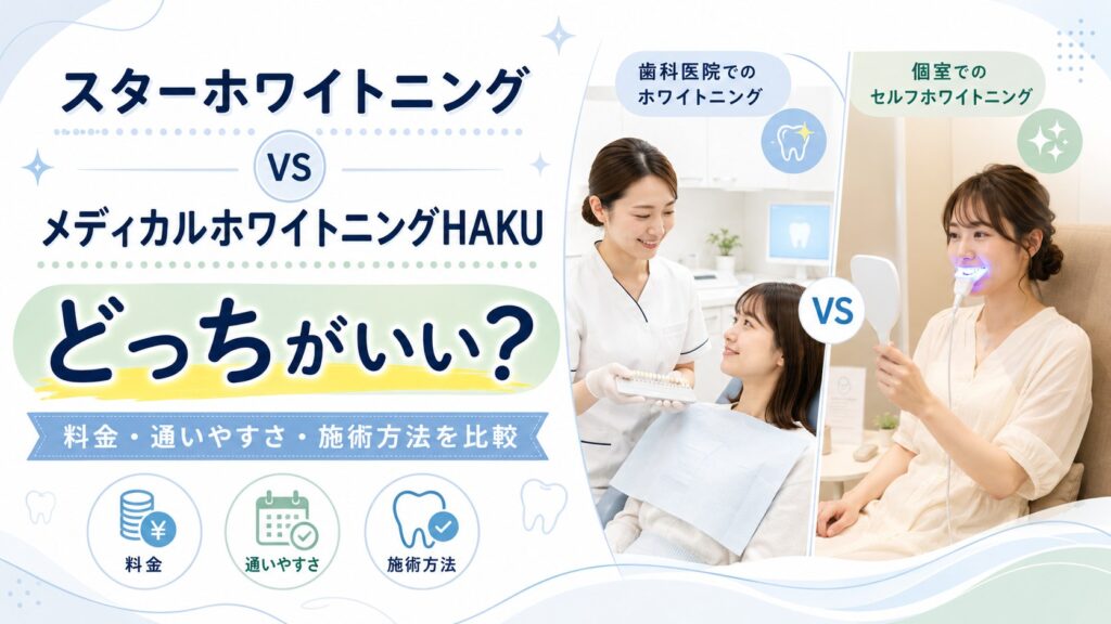 スターホワイトニングとメディカルホワイトニングHAKUを料金や通いやすさで比較するアイキャッチ画像