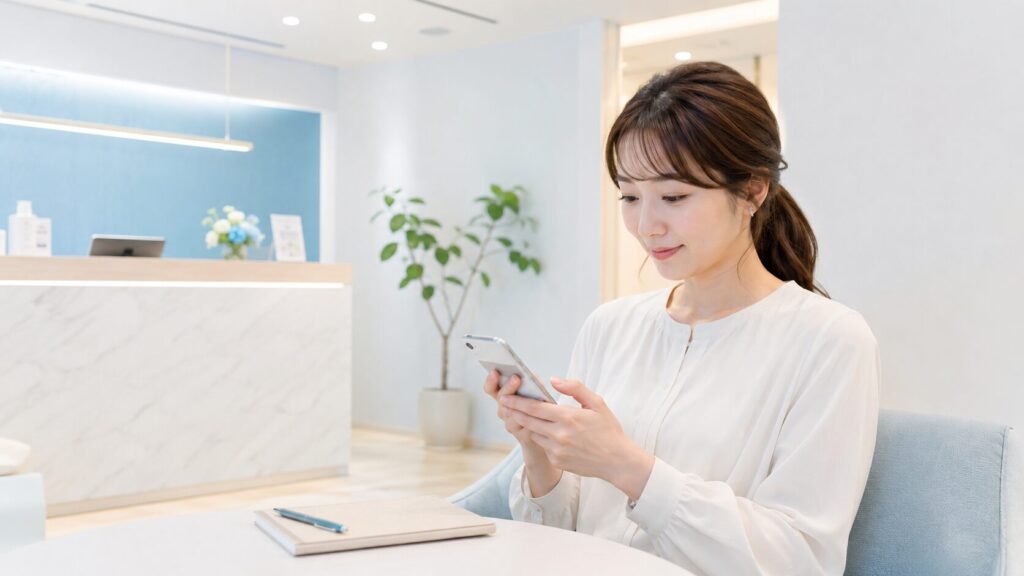 ホワイトエッセンスの料金をスマートフォンで確認する女性