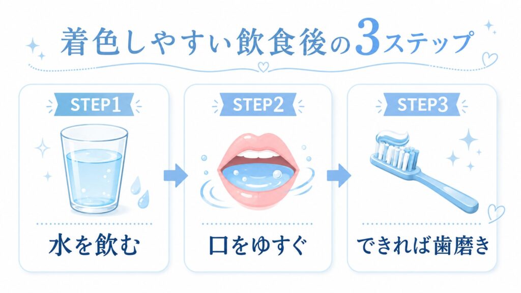 ホワイトニング後の着色対策として水を飲む、口をゆすぐ、歯磨きをする手順