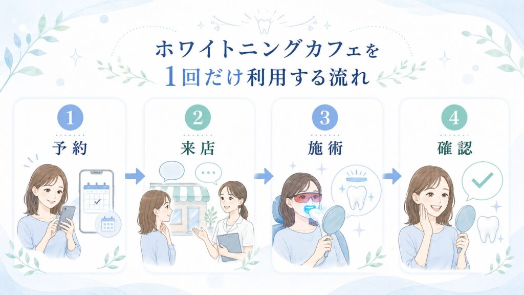 ホワイトニングカフェを1回だけ利用する予約から施術後の確認までの流れを示す図解画像