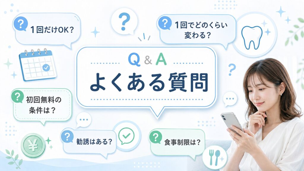 ホワイトニングカフェの1回だけ利用でよくある料金や効果や食事制限の疑問を確認するQ&A画像