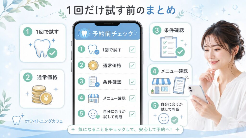 ホワイトニングカフェを1回だけ試す前に料金やキャンペーン条件や予約メニューを確認するまとめ画像