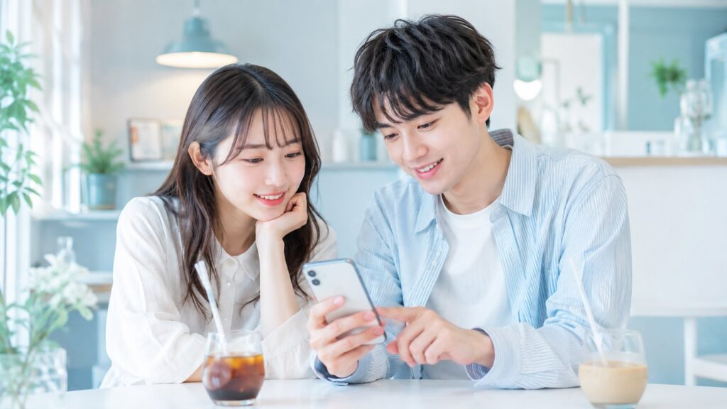 ホワイトニングカフェの学生料金をスマホで確認する学生のイメージ