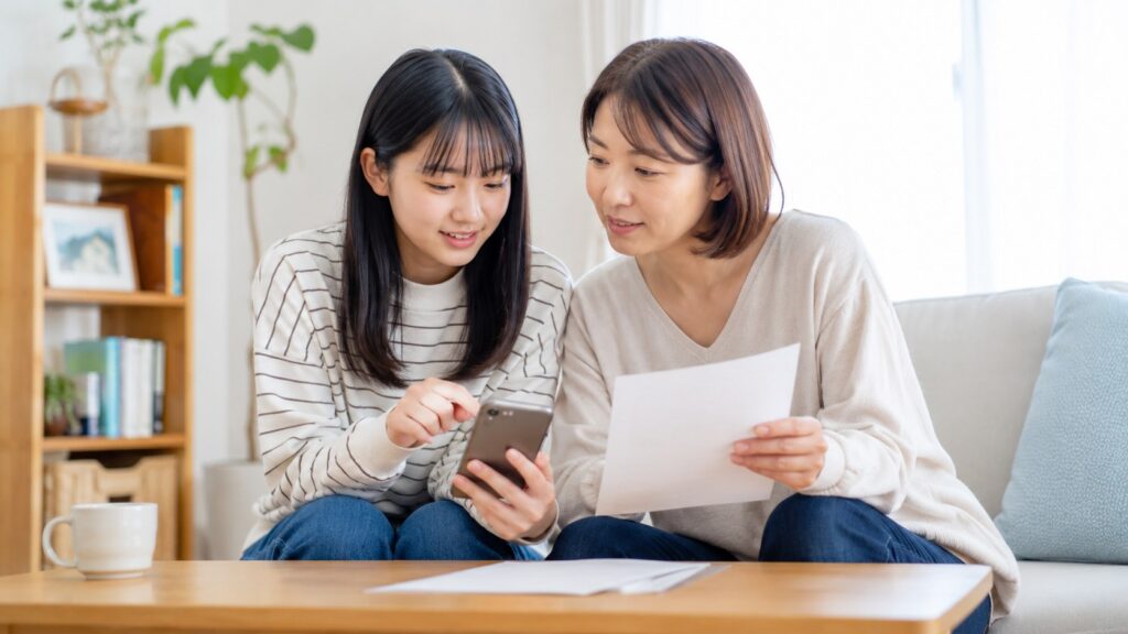 未成年の学生がホワイトニング利用前に保護者へ相談するイメージ