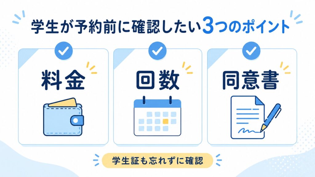 学生がホワイトニングカフェ予約前に料金・回数・同意書を確認するチェックリスト