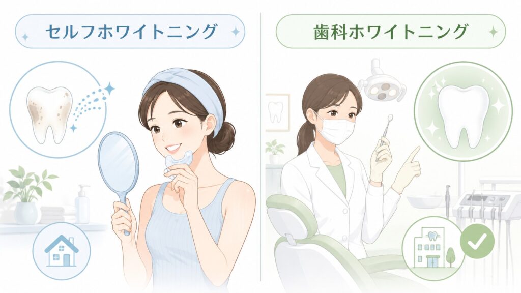 セルフホワイトニングと歯科ホワイトニングの主な違いを示す図解