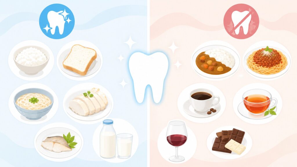 ホワイトニング後に食べやすいものと避けたいものの比較イメージ