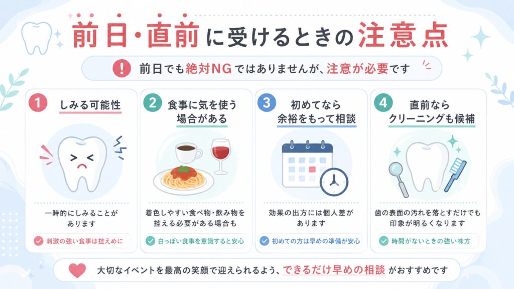 ホワイトニングを前日や直前に受けるときの注意点をまとめた図解